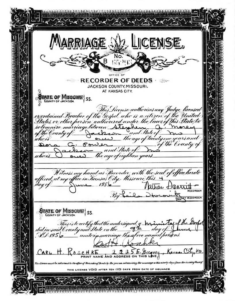 Marriage License of Stephen Augustus Morey and Dora A Power